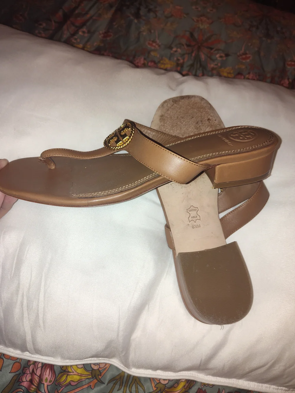 Tory Burch Brown Leather Thong Sandals with Gold Logo Emblem